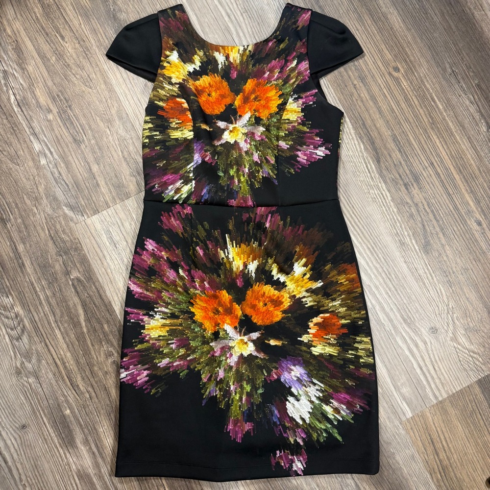 Maia Bodycon Abstract Floral Digital Print Sheath Dress Black Cap Sleeve‎ 10